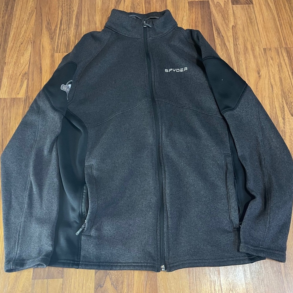 Spyder Mens Large Full Zip Sweater Knit Jacket Gray Black Mountain Patch Mock